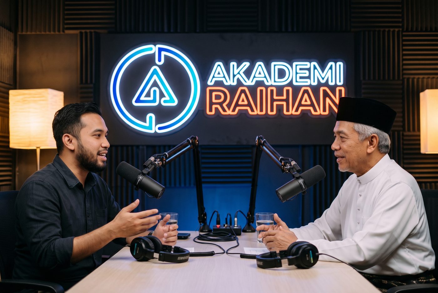 Host and guest in conversation at the Podcast Raihan studio, with the Akademi Raihan neon sign behind them