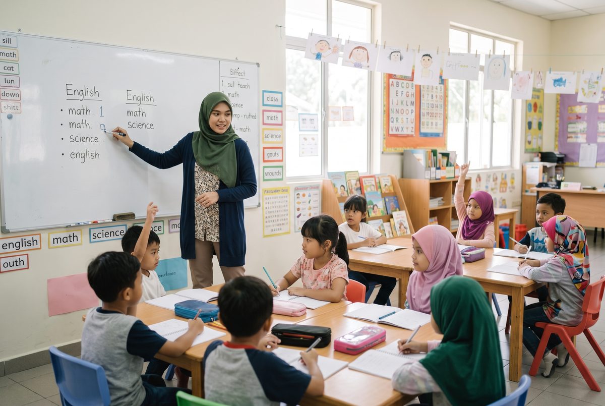 Teacher reviewing English, Math and Science vocabulary on a whiteboard with primary school students