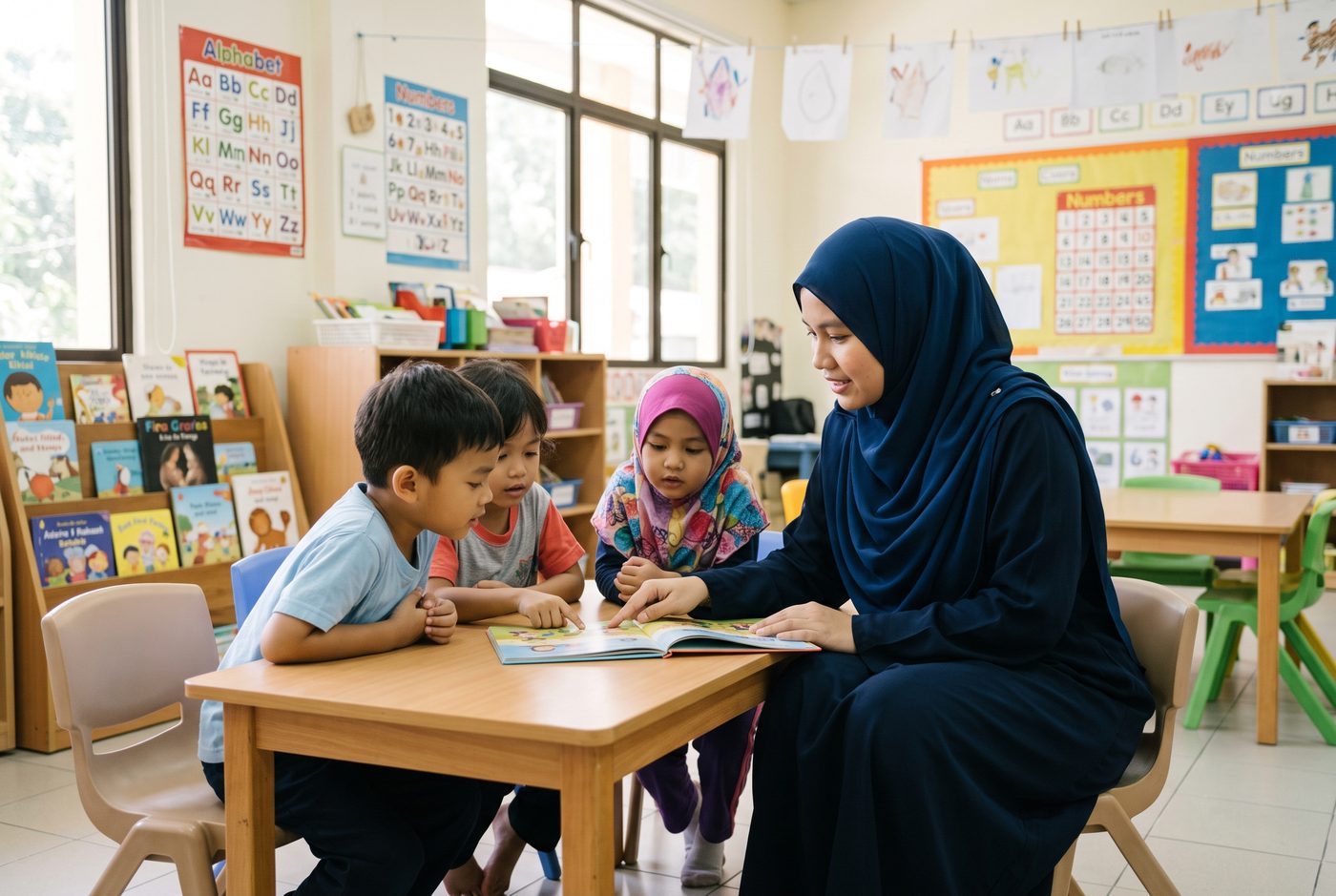 Teacher reading a storybook with young students in a classroom