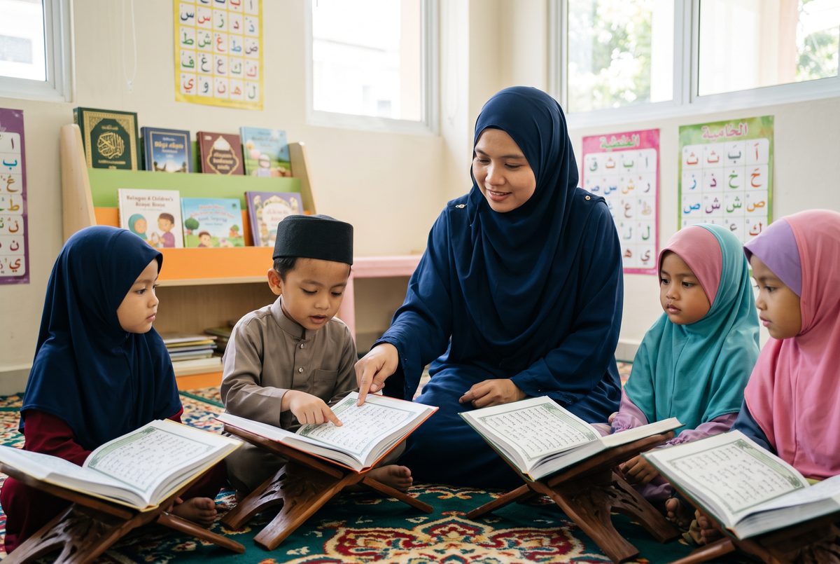 Teacher guiding young students through Iqra' and Qur'an reading on wooden rehal stands