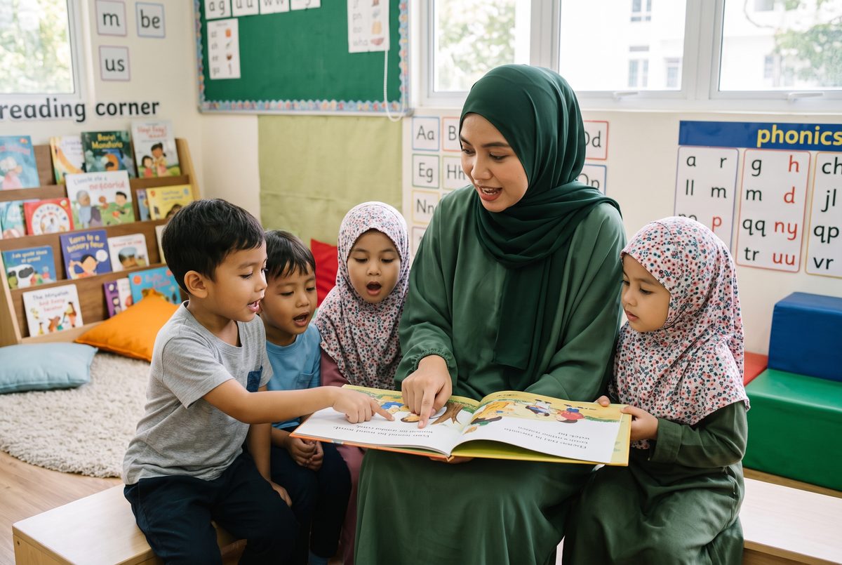 Teacher reading a storybook together with a small group of young students